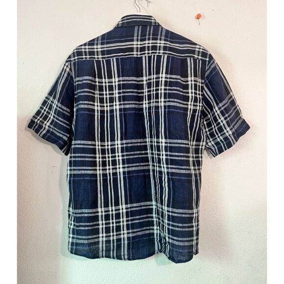Scott Barber Mens Plaid Linen KhakisCarmel Button-Down Shirt Large Navy Casual - Picture 4 of 8